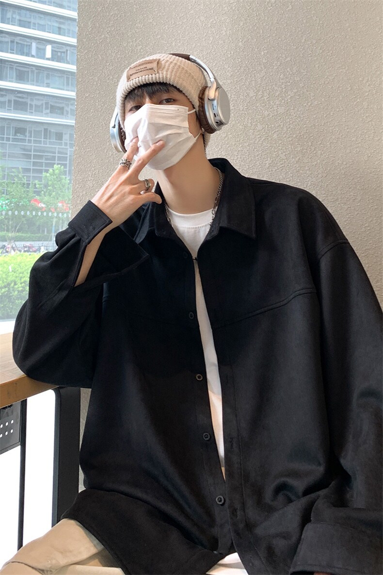 港风咖啡厅麂皮绒长袖翻领衬衫S70P48控68,男装衬衫,电商A247