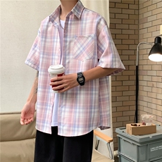 夏季薄款短袖格子衬衫男复古ins港风宽松长袖CW1097，男装衬衫，星座1116A-1（原606A）