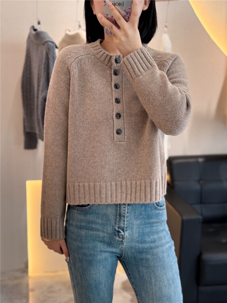 纯山羊绒圆领插肩短款带扣子宽松简约风加厚针织毛衣,女装羊绒衫,大千羊绒