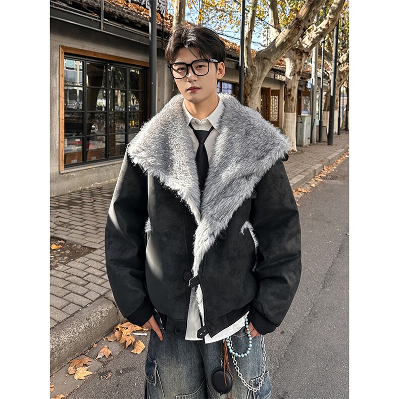 座山雕交襟扣高立领翻领皮棉衣仿水貂毛游牧加棉外套987P128，男装棉衣，电商A458A