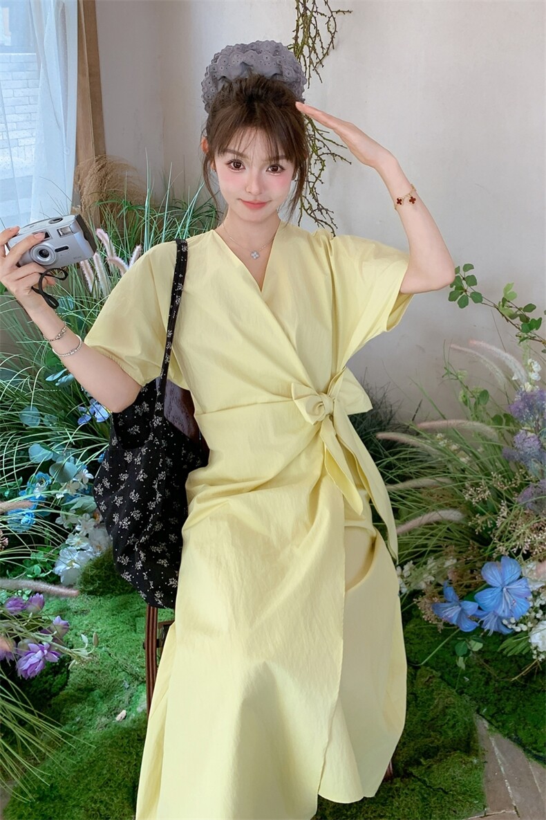 黄色短袖连衣裙子女夏2025年新款设计感小众法式气质收腰显瘦长裙,女装连衣裙,2D045