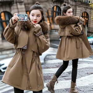 棉衣/棉服2023新款冬仿羊羔毛中长款工装带帽派克服女外套配毛领,女装派克服,瑶迪依秀