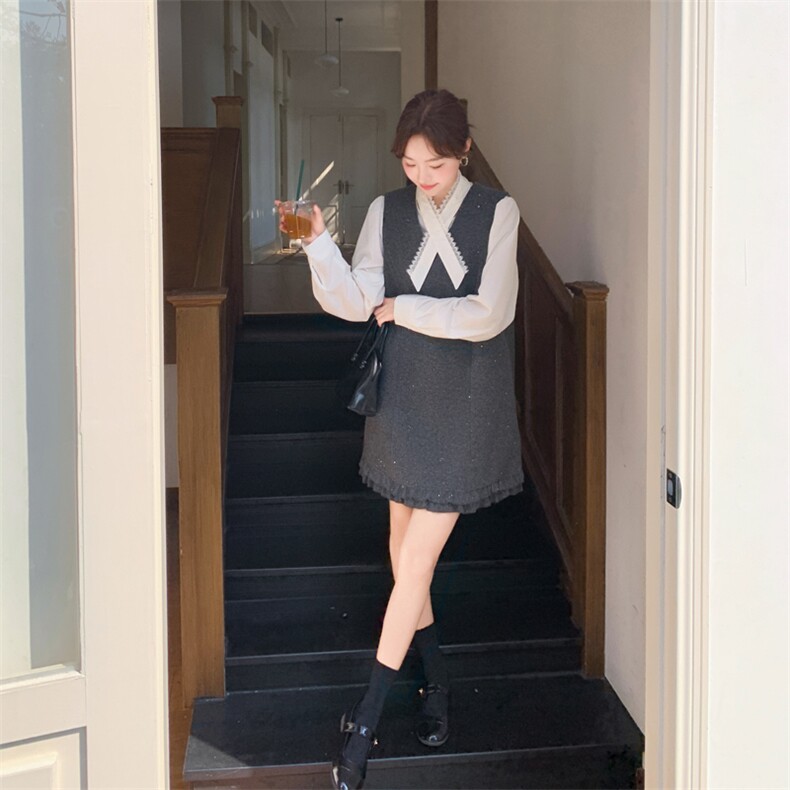 高级通勤风穿搭灰色背心连衣裙女春秋独特漂亮气质衬衫中长裙套装,女装套装/套裙,多米2-075