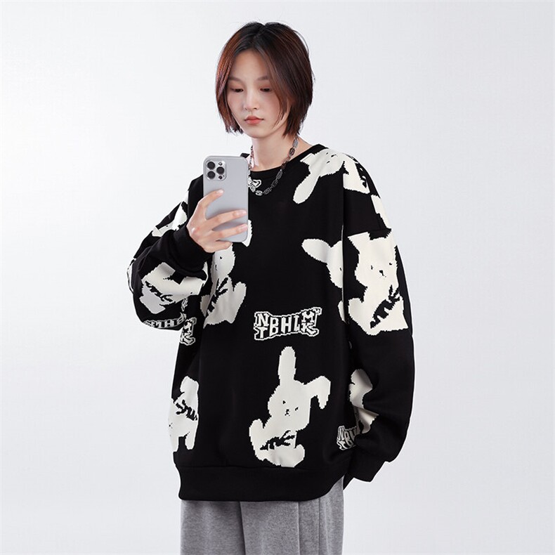 圆领满印兔子毛衣秋冬复古百搭加厚针织衫上衣潮A168-WGMY03-TP45图片