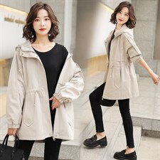 风衣女中长款2025春季新款韩版宽松连帽减龄休闲春秋工装chic外套，女装短外套，依万里