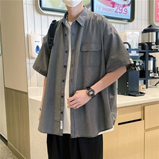 ER2351-P35夏日复古细格纹工装短袖衬衫男女新款ns潮牌衬衣外套，男装衬衫，电商C233