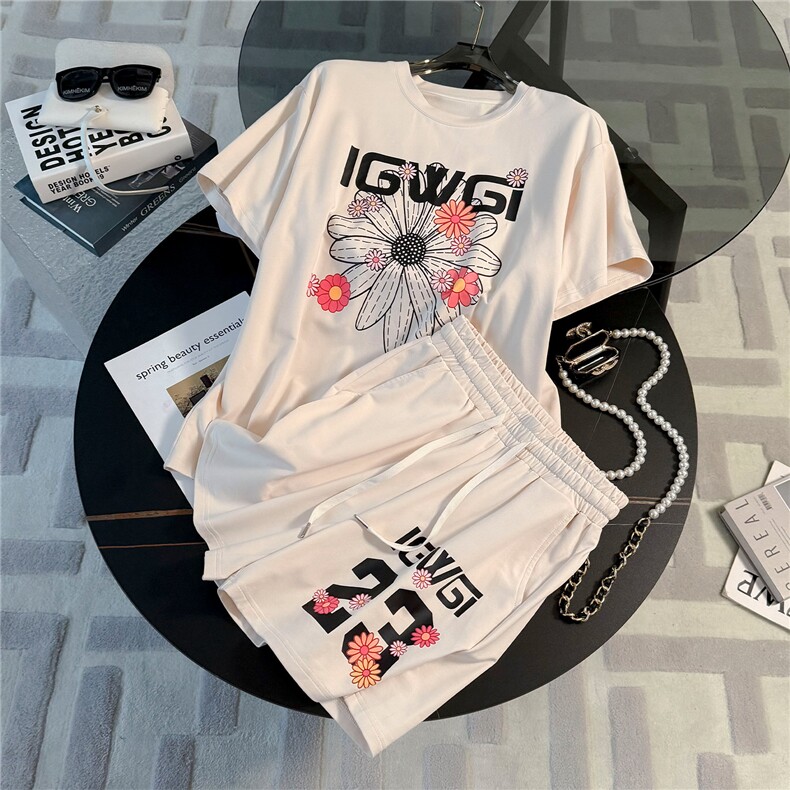 时尚休闲运动套装女夏季新款韩版宽松显瘦印花短袖阔腿短裤两件套图片