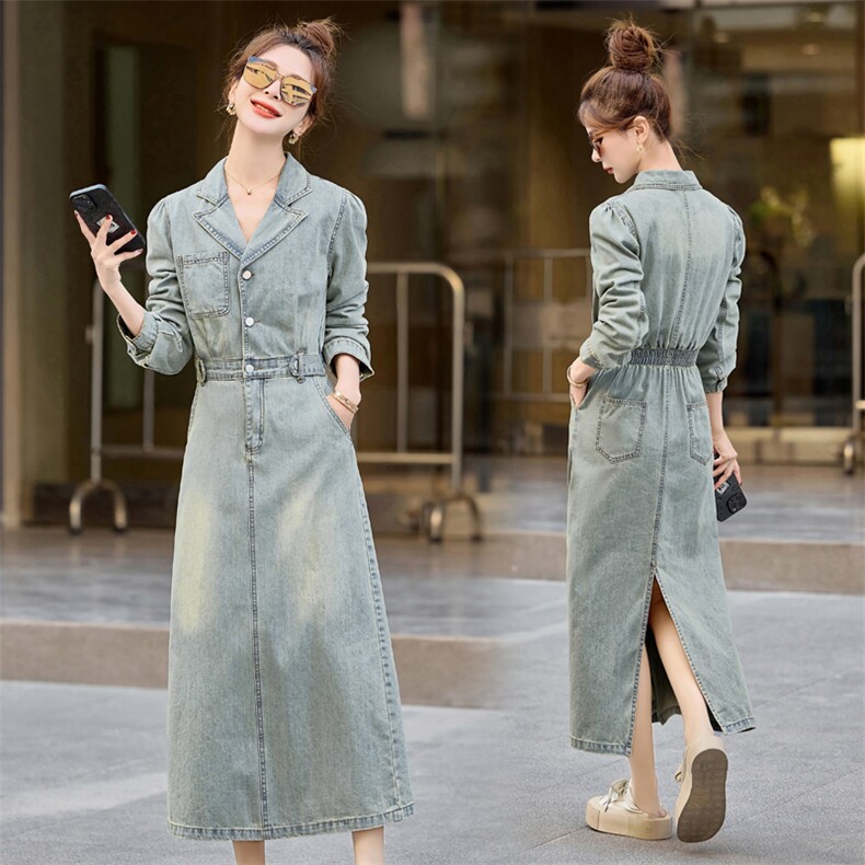 (新款现货）2026春秋欧货时尚气质收腰显瘦中长款潮牛仔连衣裙女，女装连衣裙，印象茜