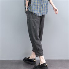 日系外单~薄款七分牛仔裤女春夏大码宽松显瘦九分高腰休闲哈伦裤，女装休闲裤，叶笙衣