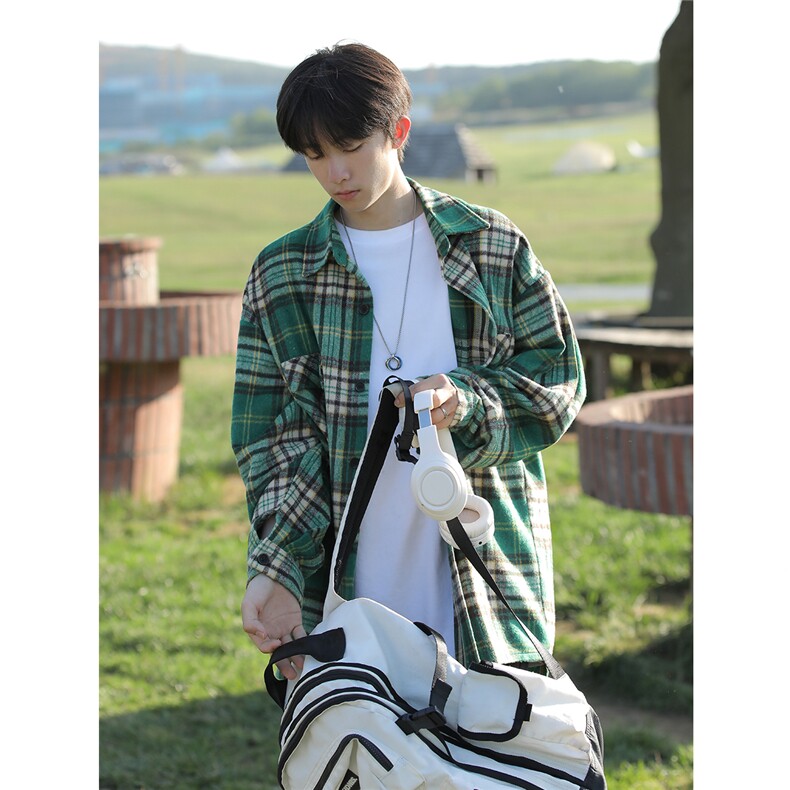 抖音好品格子衬衫男港风长袖衬衣宽松DX502P65控99,男装衬衫,电商B413-1