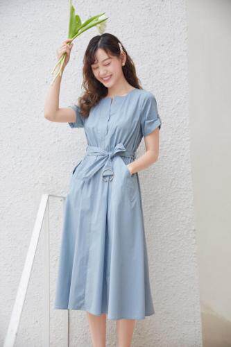 V领收腰连衣裙，女装连衣裙，慕尚依依