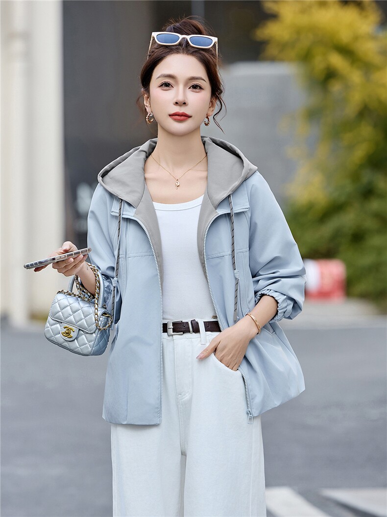 短款风衣外套女2026春季新款拼色连帽拉链夹克小个子休闲户外上衣,女装短外套,恋慕依尚