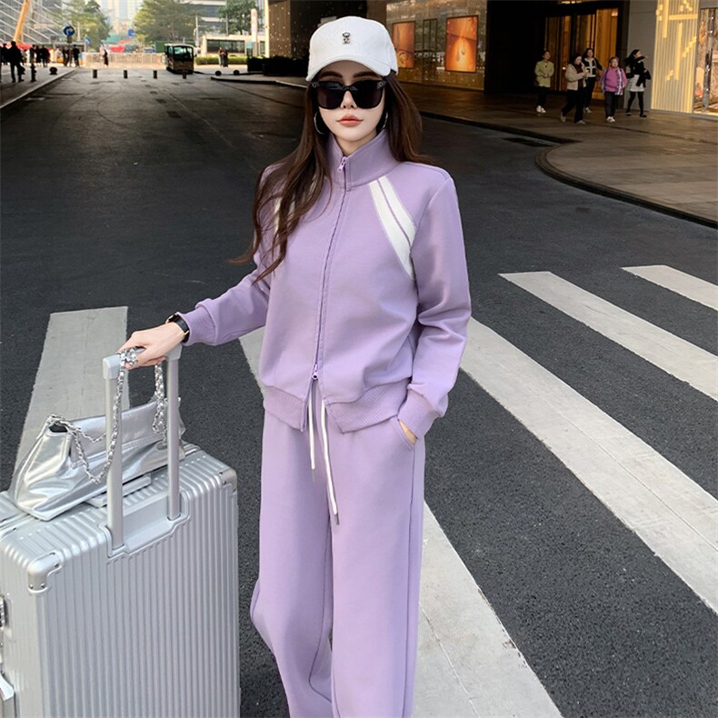 春女开衫活力紫色卫衣直筒裤两件套,女装套装/套裙,江南