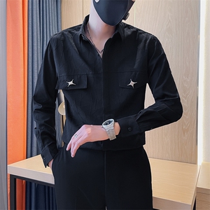 301A-1/H516/P58 秋季男士纯色暗花长袖衬衫男痞帅口袋装饰衬衣图片