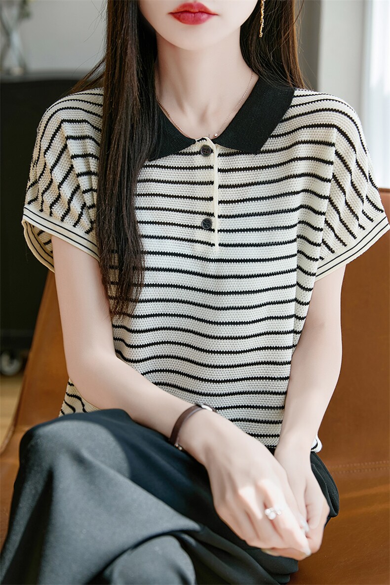 法式短袖娃娃脸针织T恤衫女2025夏季新款条纹莱赛尔休闲显瘦上衣,女装蕾丝衫/雪纺衫,羿纯羊绒