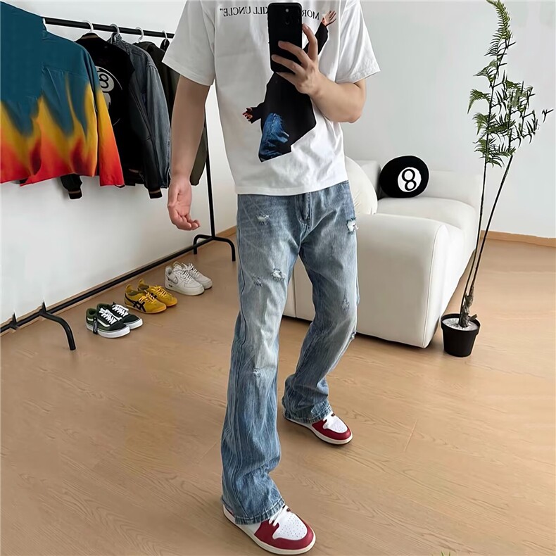 美式复古蓝色破洞牛仔裤男夏季薄款欧美高街vibe裤子直筒微喇叭裤图片