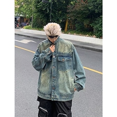 美式复古水洗做旧雾霾蓝长袖牛仔外套男宽松百搭夹克上衣W059/P68，男装工装外套，星座506