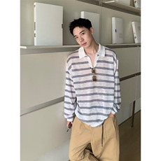 潮牌港风条纹长袖Polo衫男美式复古宽松休闲卫衣，男装Polo衫，四季星座505