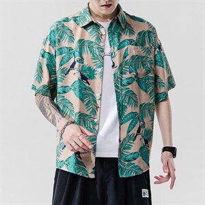 2021夏季新日系大码男无影墙沙滩情侣休闲短袖印花衬衫C3031-P35图片