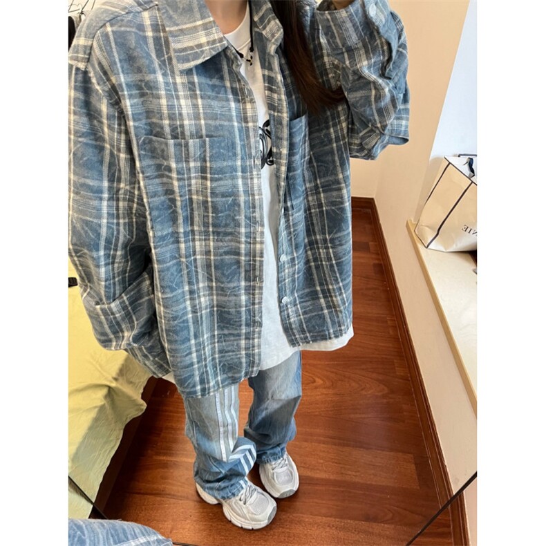 有货cleanfit蓝格子衬衫设计感高级长袖衬衣美式复古CS691LL-P50图片