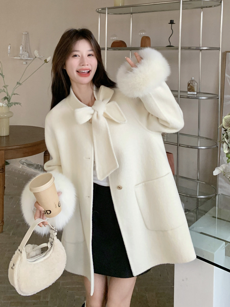 新款！冬装真狐狸毛双面羊毛呢大衣2C133-8991-P360-K498,女装毛呢外套,2C133