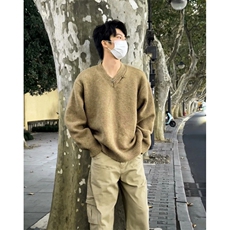 M222-特P60灰色设计感松弛感V领针织衫宽松毛衣，男装针织衫/毛衣，星座1501-3