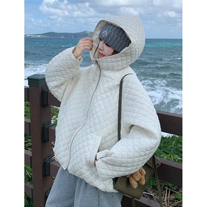 菱格纹白色连帽羽绒棉服女冬季短款休闲加厚棉衣外套 M211图片