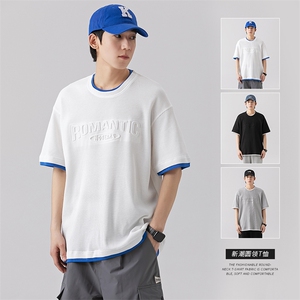 2024夏季新款 华夫格假两件凹凸字母印花插肩短袖T恤 T2313-P30图片