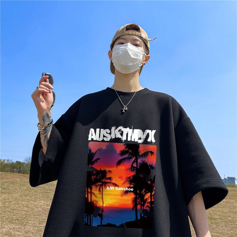 华夫格短袖直播高品质重磅220克日落风景印花HT398-P20,男装T恤,星座508（原C305）