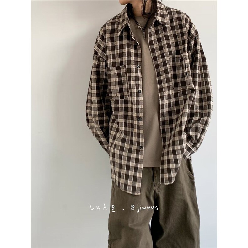 C118新款雅痞风衬衫外套宽松叠穿格子衬衣开衫内搭上衣男,男装衬衫,星座308A-1（原309B-1）