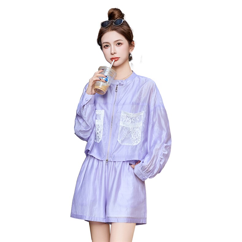 夏季时尚轻薄防晒套装女2025新款宽松休闲长袖立领衬衫短裤两件套,女装套装/套裙,尚娜萱