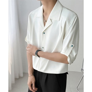 网图 古巴领衬衫男短袖夏季上衣服韩版潮流穿搭垂感半袖衬衣图片