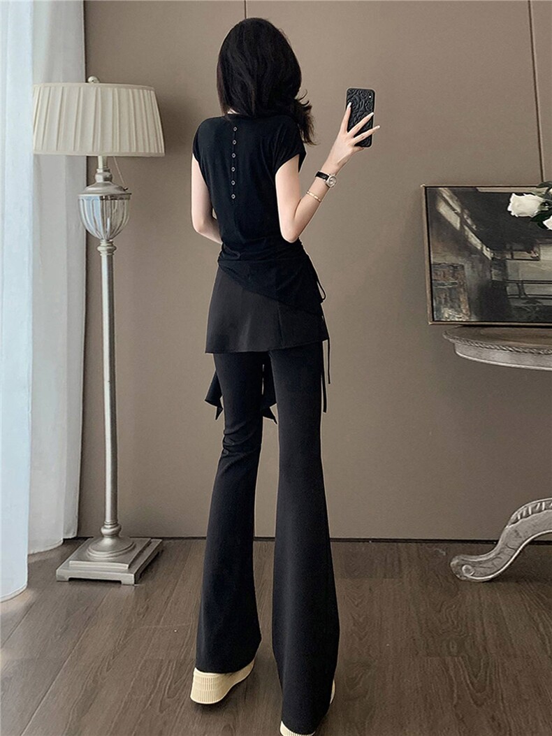 时尚气质减龄套装女夏新款圆领短袖假两件上衣修身显瘦长裤两件套,女装套装/套裙,江南
