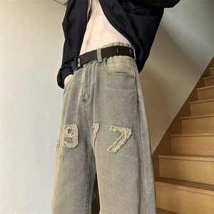牛仔裤男韩版潮高街帅字母刺绣2023春秋新款ins宽松长裤RK055-P41图片