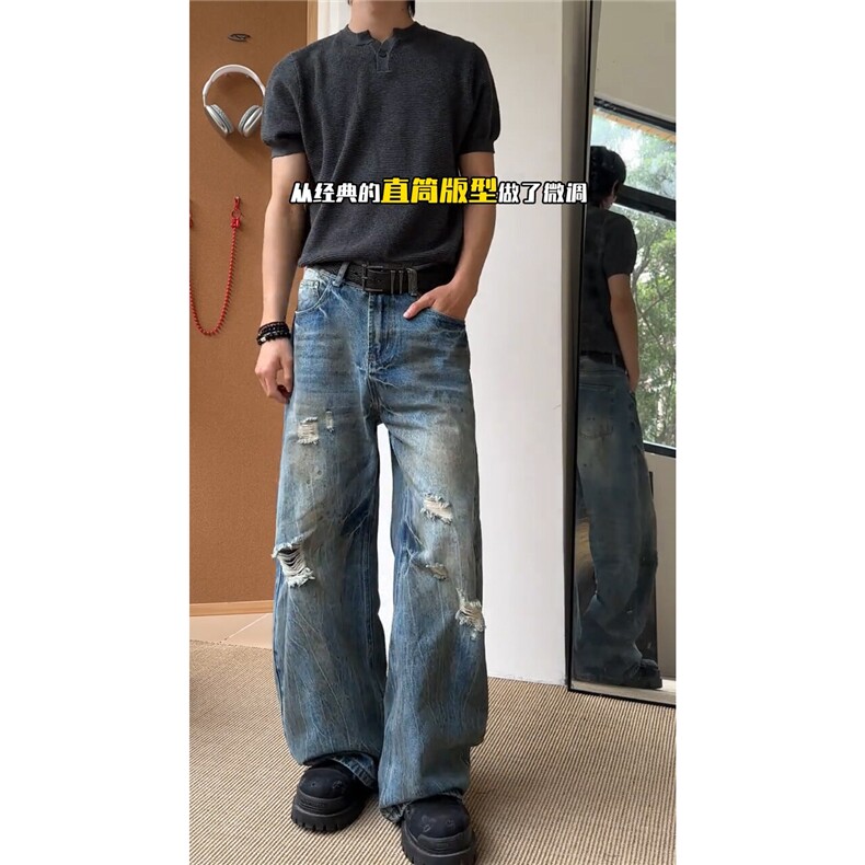 破洞做旧做脏牛仔裤男长裤A32-P45，男装牛仔裤，电商D312-1