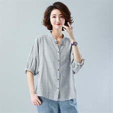 红白色竖条纹短袖百搭印花夏季衬衫设计感小众新女显瘦褶皱袖上衣，女装T恤，鑫鑫格