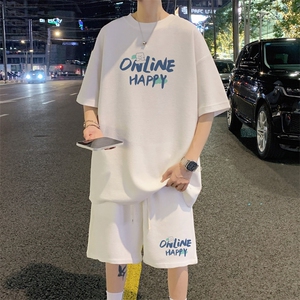 wassup happy华夫格短袖男夏季潮牌港风宽松休闲五分裤子运动套装图片