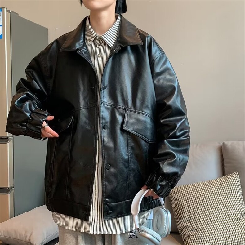 韩版潮流帅气宽松皮衣男机车服飞行员皮夹克JW27P70图片