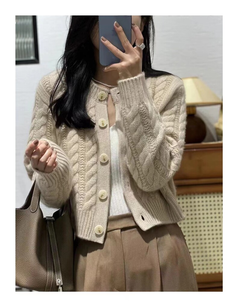 秋季新款舒适显瘦时尚百搭高腰麻花针织开衫,女装羊毛衫,恒恩羊绒