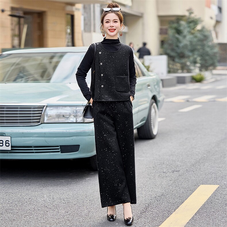 2025新款春装法式后背蝴蝶结马甲阔腿裤三件套,女装套装/套裙,韩蔻秀