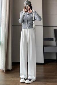 肌理感女裤2023春秋款加长版直筒高腰垂感阔腿西裤小个子图片