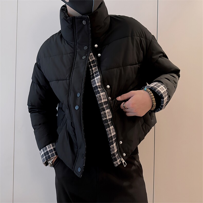 B05/P98控138冬季设计感假两件短款拼接格子棉衣外套男黑首1,男装棉衣,星座305B