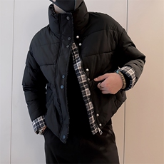 B05/P98控138冬季设计感假两件短款拼接格子棉衣外套男黑首1，男装棉衣，星座305B