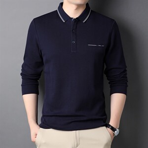 男士休闲上衣2023春秋季新款中年时尚翻领刺绣POLO衫潮流T恤男装图片