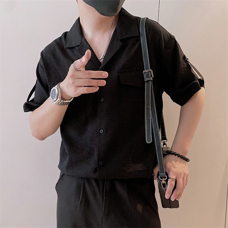 8949/P58控88夏季小伙高级感暗黑风工装开衫男士短袖T恤上衣黑首1,男装T恤,星座305B