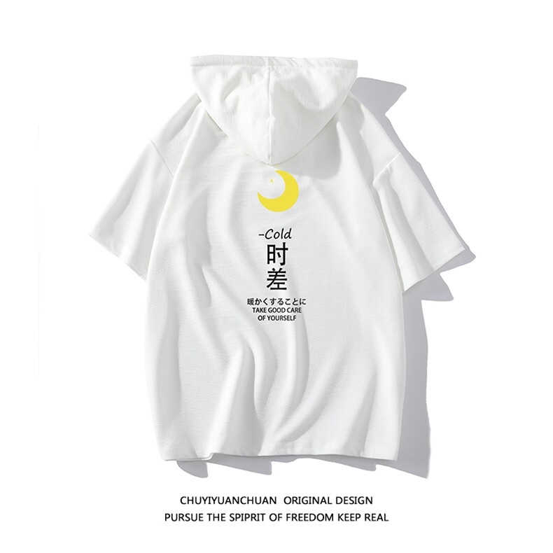 连帽短袖t恤男大码胖子带帽五分袖中袖白底LD54047-P45,男装T恤,电商A040A