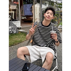 条纹拼接小领口短袖t恤男夏季新款潮牌宽松休闲半截袖WLT077-P38，男装T恤，星座1008