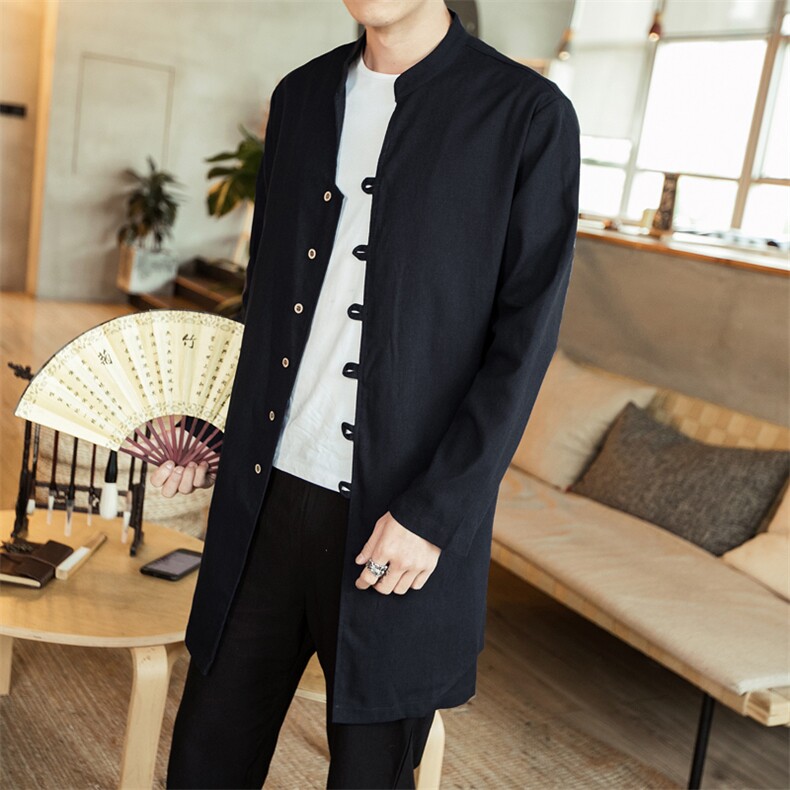 风大码衬衣男士休闲长款衬衫男装唐装复古外套潮CS503-P65，男装衬衫，钱塘788(原4013)