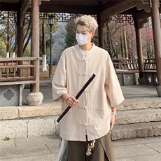 唐装男士短袖衬衫外套男夏季汉服风中式盘扣棉麻上衣半袖衬衣，男装衬衫，星座601-2