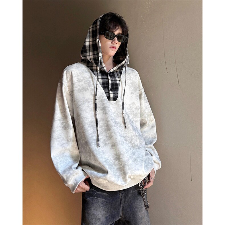 WY10150-特批50 控98  新款小众撞色拼接格子假两件大帽子卫衣图片